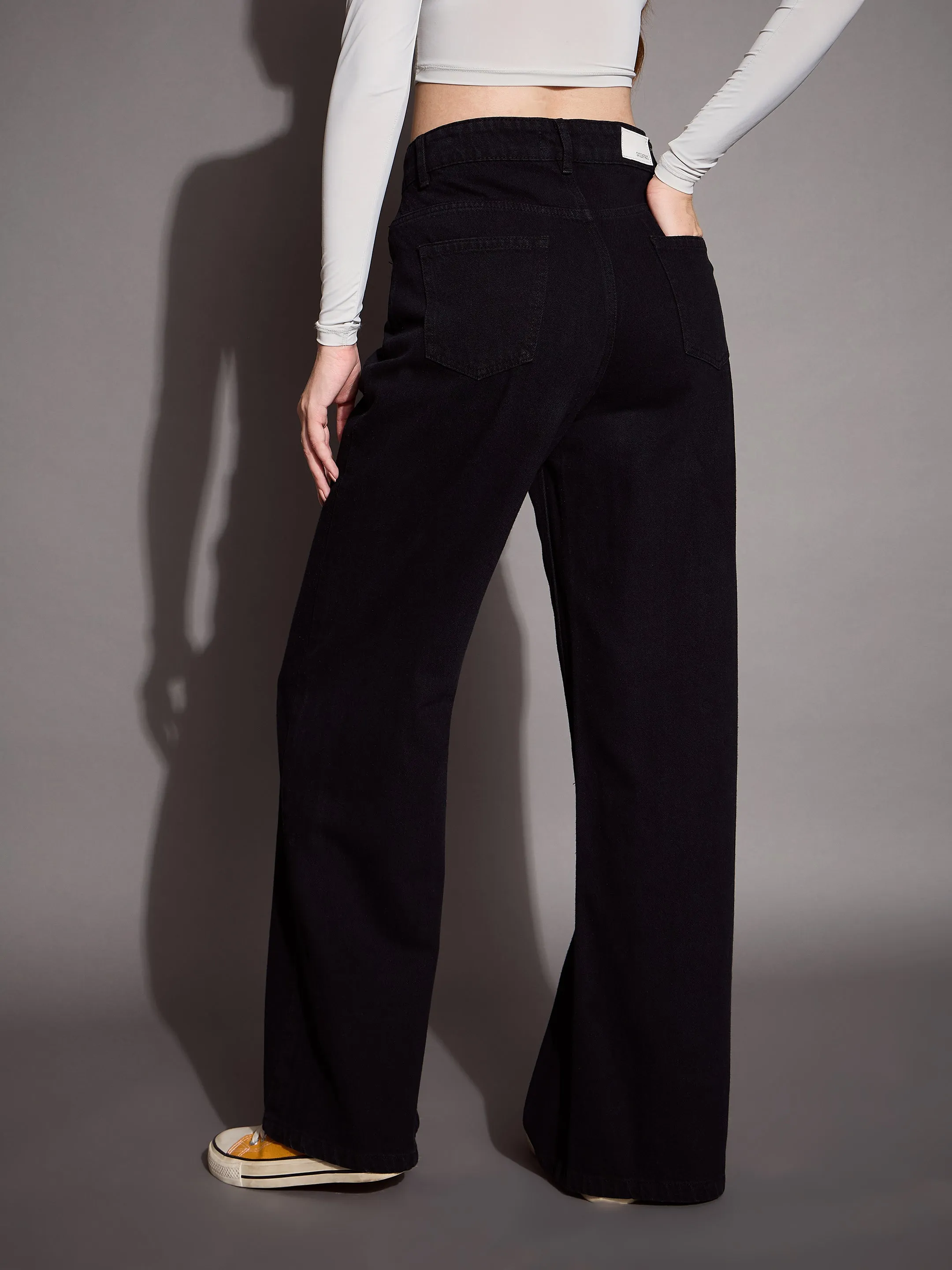 Women Black High Waist Wide Leg Jeans