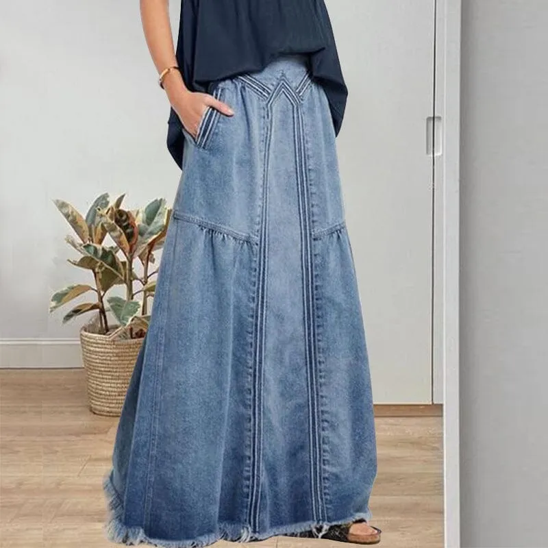 Women Distressed Solid Color Elastic Waist Loose Denim Skirt