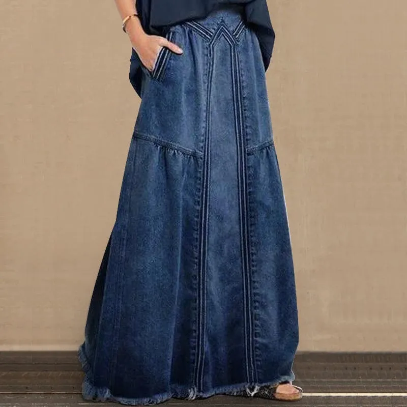 Women Distressed Solid Color Elastic Waist Loose Denim Skirt