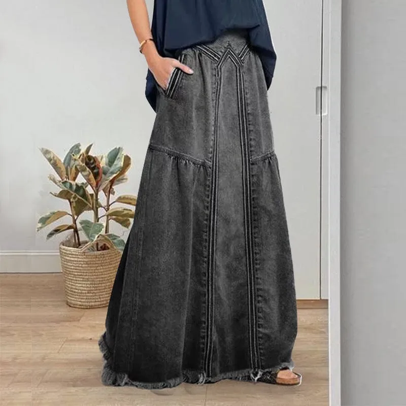 Women Distressed Solid Color Elastic Waist Loose Denim Skirt