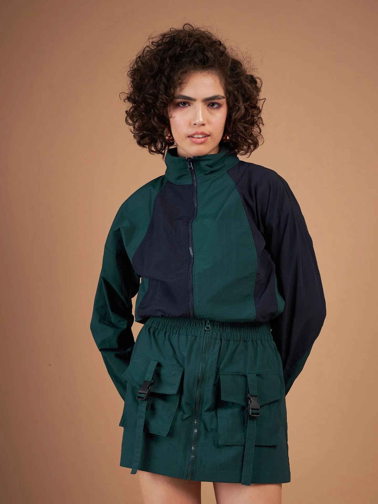 Women Green Colour Block Parachute Zipper Jacket