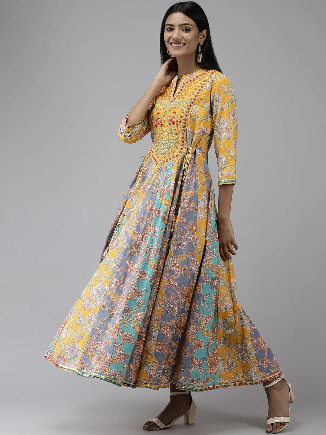 Women Mustard Yellow & Multicoloured Ethnic Motifs Maxi Dress