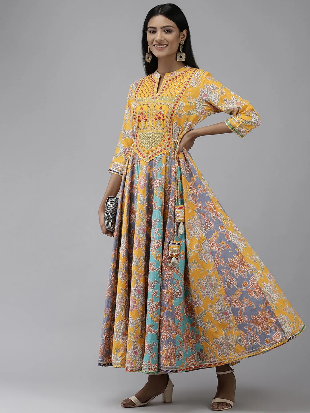 Women Mustard Yellow & Multicoloured Ethnic Motifs Maxi Dress