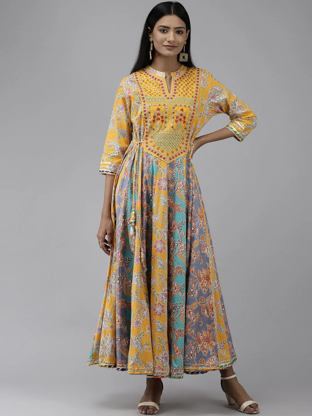 Women Mustard Yellow & Multicoloured Ethnic Motifs Maxi Dress