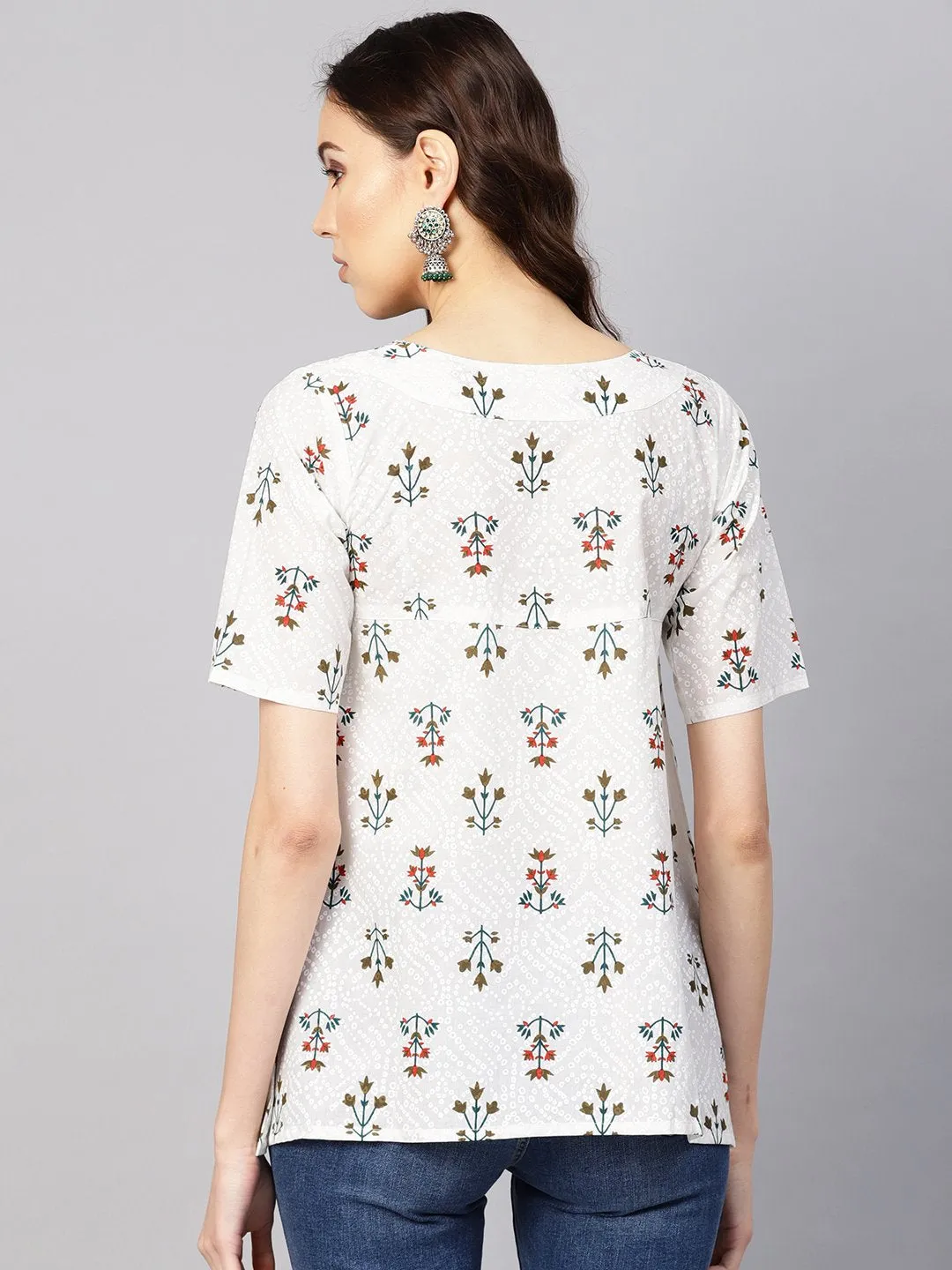 Women Off-White & Green Printed Empire Top