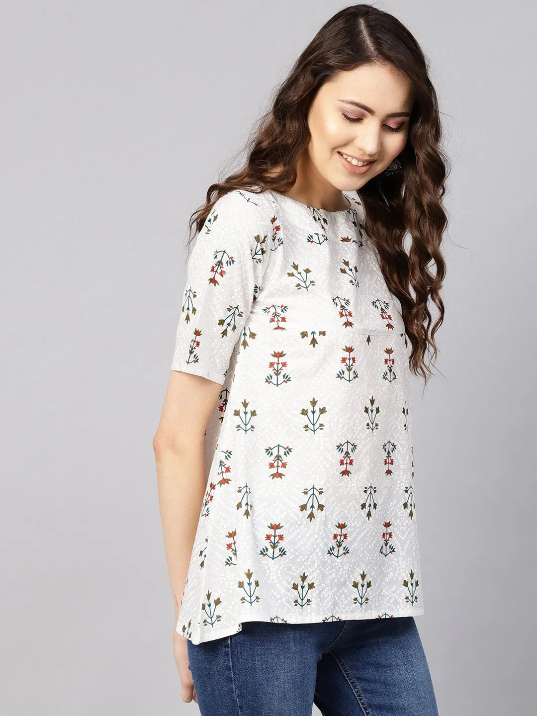 Women Off-White & Green Printed Empire Top