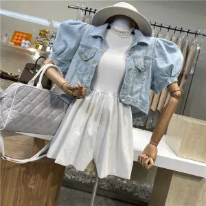 Women Short Denim Jacket Autumn Puff Sleeve Crop Top