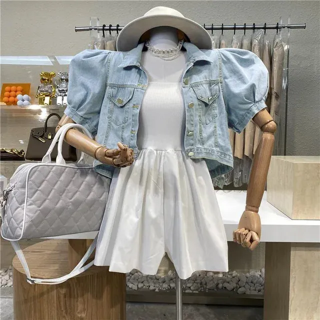 Women Short Denim Jacket Autumn Puff Sleeve Crop Top