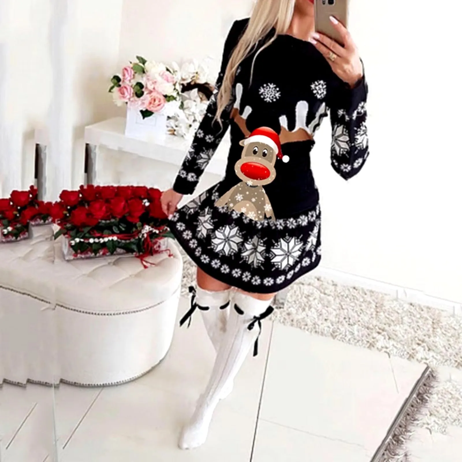 Women'S Christmas Dresses 2024 New Sweatshirt for Women Casual round Neck Fashion Elk Printed Female Long Sleeve Pullover Dress