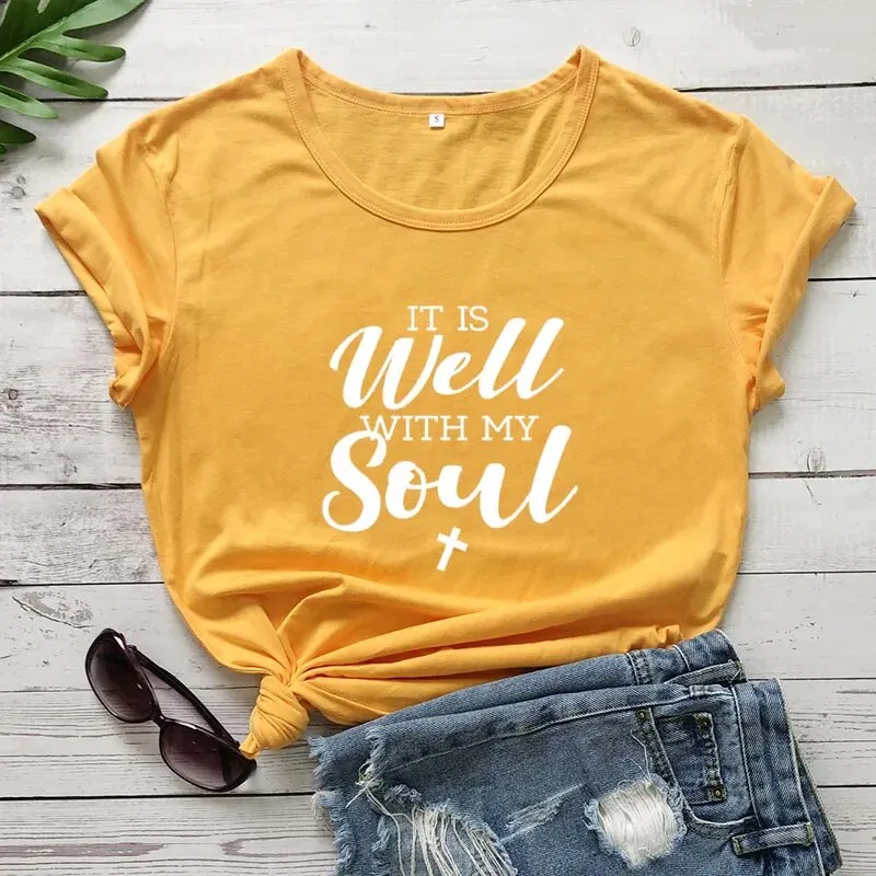 Women's It Is Well With My Soul Cotton Christian Short Sleeve Tee Shirt