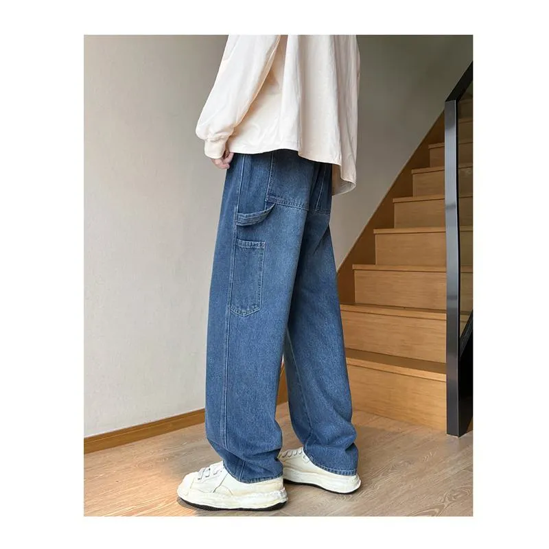 Workwear Floor-Length Drawstring Loose Fit Straight Jeans