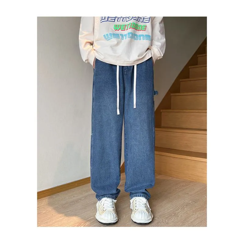 Workwear Floor-Length Drawstring Loose Fit Straight Jeans